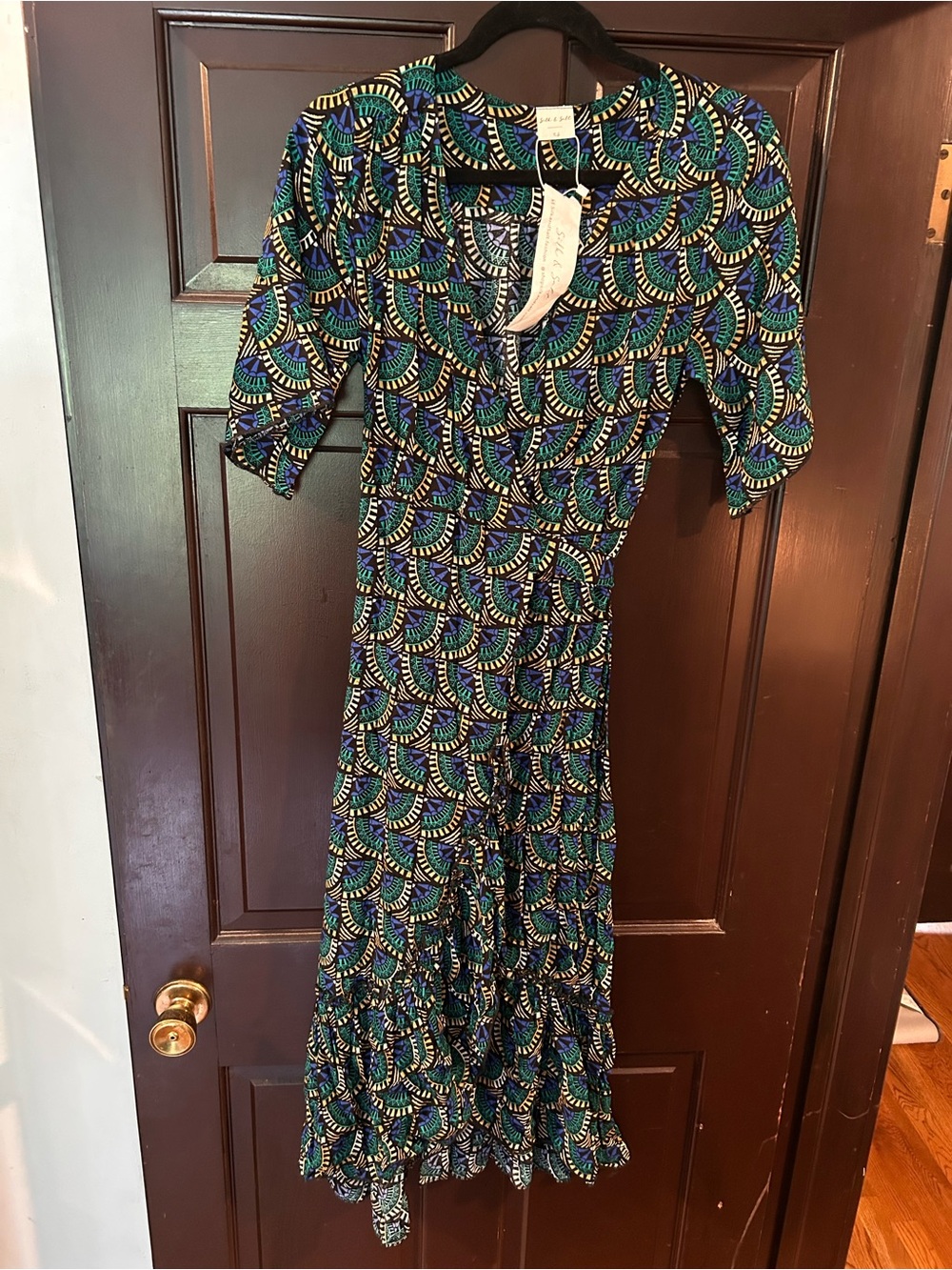 Printed Teal & Navy Midi Dress with Ruffle Hem